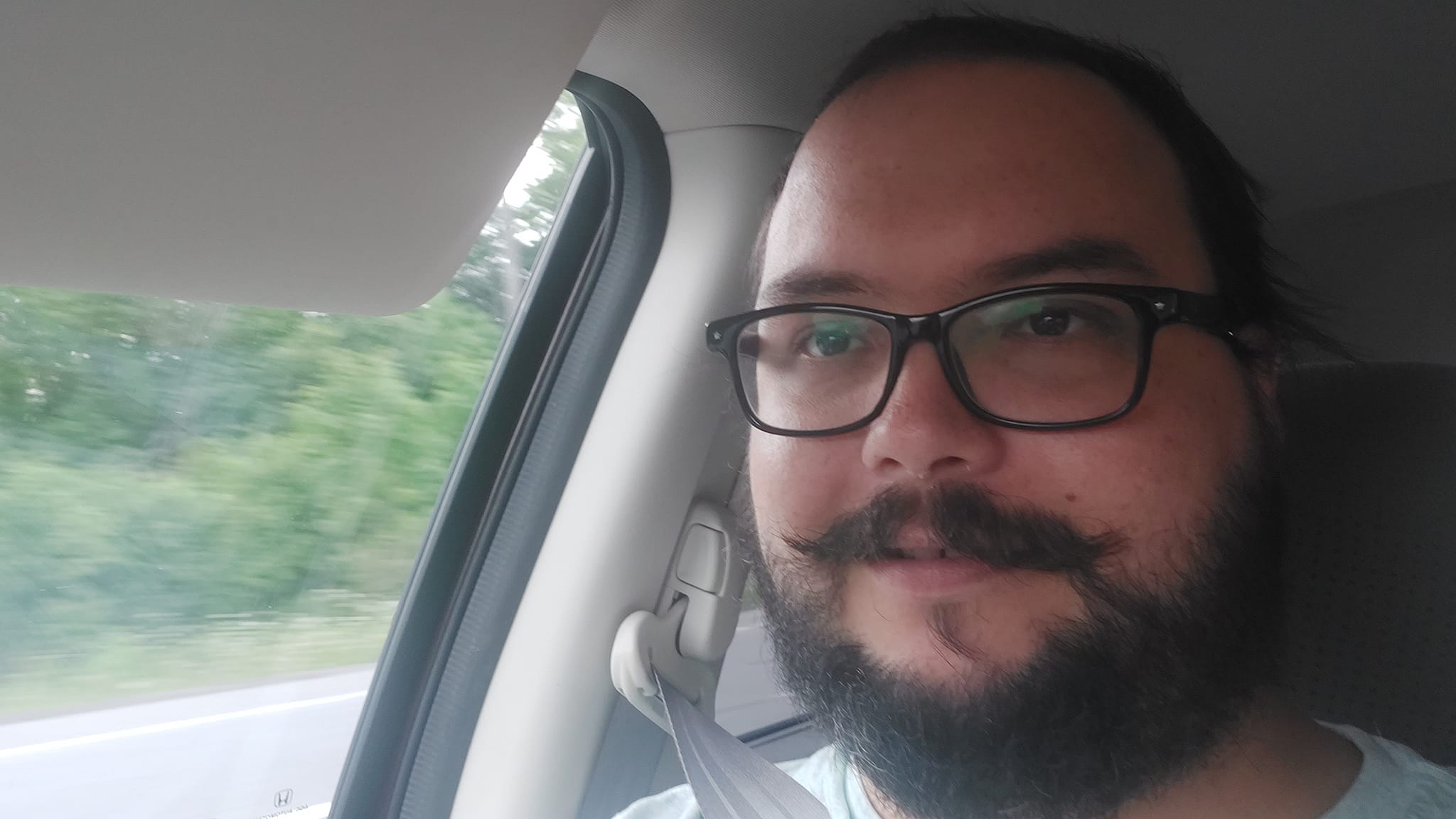 A man short hair and bushy facial hair sits in the passenger seat of a moving car